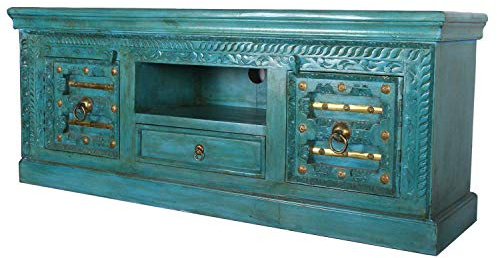 Harim CATV170 TV Cabinet 150 x 40 x 61 cm (W x D x H) Turquoise Solid Wood Carved with Brass Inlay Decorated Vintage Real Wood TV Lowboard Living Room Boho Chic TV Cabinet