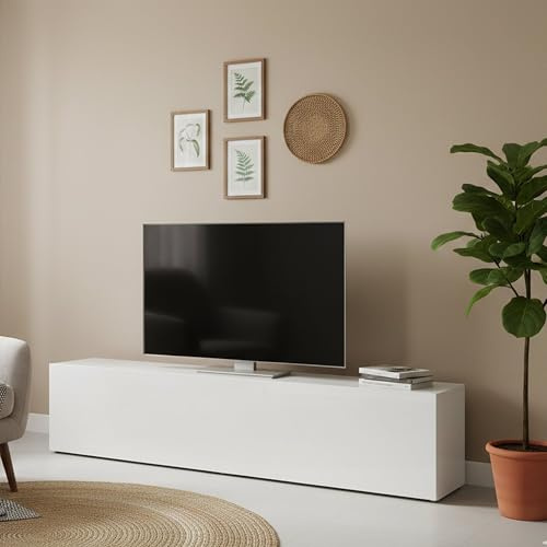 Dmora Meuble TV de salon, Made in Italy, Meuble TV avec 1 abattant, 180x30h40 cm, coloris blanc brillant