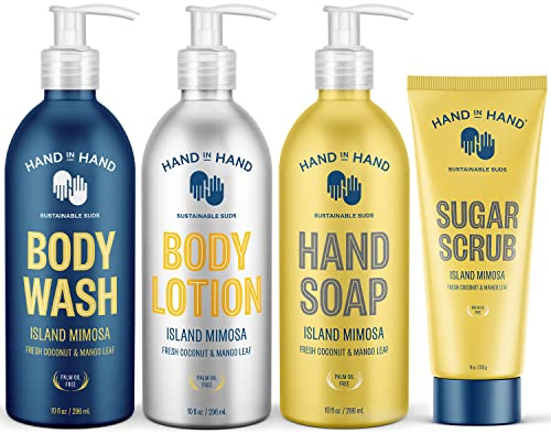 Hand in Hand Body Wash, Body Lotion, Liquid Hand Soap, and Sugar Scrub Combo Pack, Fresh Coconut & Mango Leaf, Island Mimosa Scent
