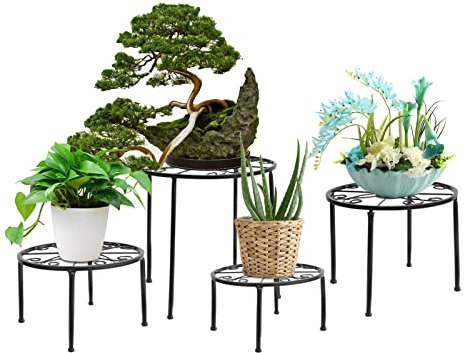 Dazone Support Plante en Fer Forgé Lot de 4, Étagère Plantes Intérieur ou Extérieur, Présentoir de Pot de Fleurs pour Balcon Jardin Maison Terrasse (Noir)
