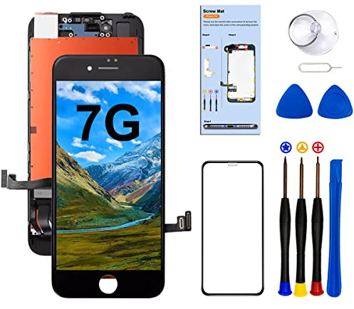 1 écran de rechange noir pour iPhone 7 4,7 écran tactile LCD numériseur complet, avec verre trempé adhésif étanche et kit d'outils de réparation (noir, pour iPhone 7 (A1660, A1778, A1779))