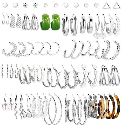 CASSIECA 38 Paar Gold Perlen Ohrringe Set für Damen & Mädchen - Mode Kettenglied Creolen Ohrstecker Tropfen Ohrringe Boho Statement Acryl Creolen Hypoallergen Geburtstagsfeier Schmuck Geschenk