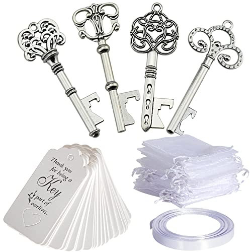 40 pezzi apribottiglie con chiave vintage e biglietto di accompagnamento, sacchetto di organza e nastro per matrimoni, bomboniere, decorazioni rustiche (40 pezzi argento)