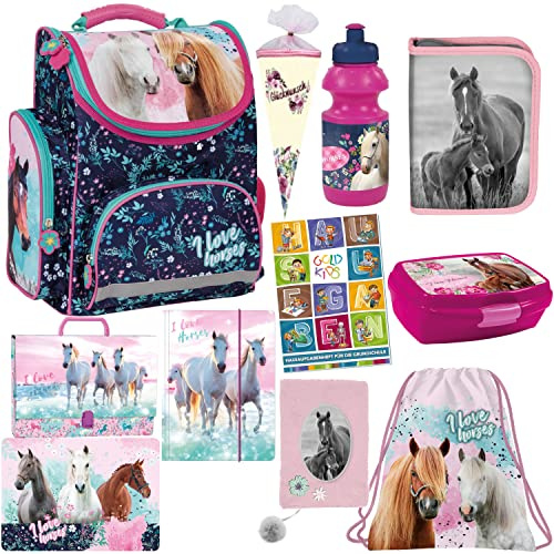 Pferd Horses Schulranzen ergonomischer Ranzen Federmappe mit Inhalt Tagebuch Turnbeutel Brotdose Trinkflasche Zuckertüte Aktenmappe Sammelmappe Malunterlage Aufgabenheft für die Grundschule 11er Set.