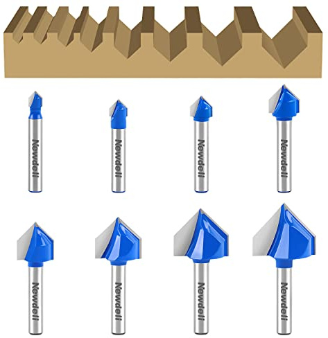 Newdeli 8Pcs 90 Degree V Groove Router Bit Set 1/4-Inch Shank - 1/4, 5/16, 3/8, 1/2, 5/8, 3/4, 7/8, 1 - Carbide-Tipped 2-Flute Engraving Bits Woodworking Chamfer Bevel Cutter Tool