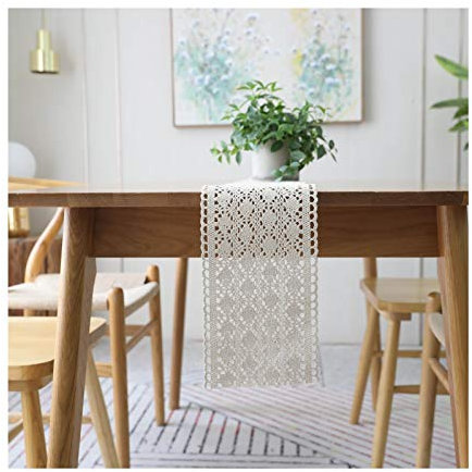 Lieson Tischläufer Dekostoff, Leinen Baumwolle Tischläufer Abwaschbar Weihnachtlicher Tischläufer Wohnzimmer Spitzen Blumen Höhl Beige 15x240CM