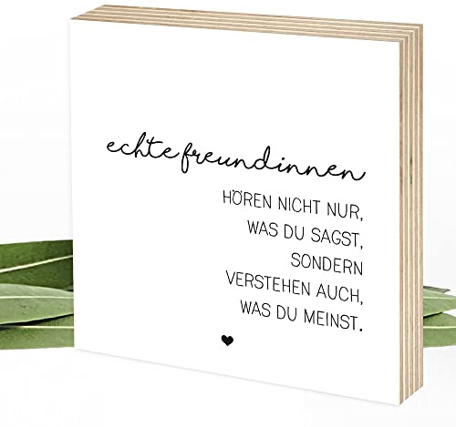 Wunderpixel® Holzbild Echte Freundinnen - 15x15x2cm Fotodruck zum Hinstellen/Aufhängen, Holzschild mit Spruch auf Holz - schwarz-weißes Wand-Bild Aufsteller Dekoration Geschenk-Idee