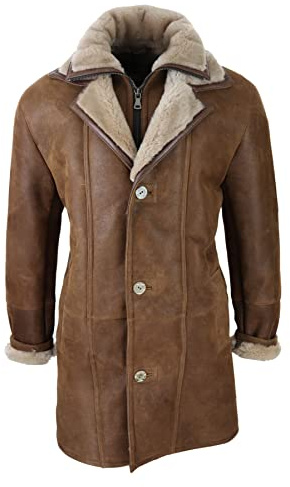 TruClothing.com Herren Lederjacke Duffle Jacke Echtes Schaffell Lang Knopf Reißverschluss Warmer Schafsleder Mantel - holzbraun XL