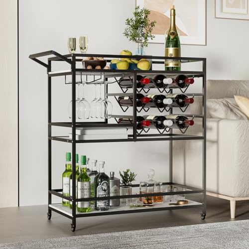 DAWNYIELD Carrello da Bar su Ruote Carrello di Servizio Mobile con portabottiglie e portabicchieri, Carrello da Vino a 3 Livelli con Ampio Spazio di stoccaggio per Cucina, Soggiorno, Feste (Nero)