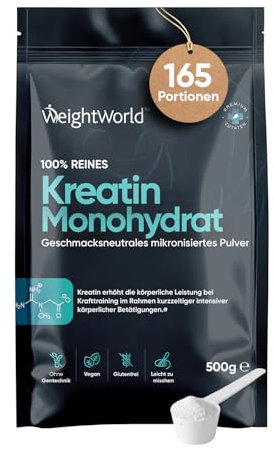 100% reines Creatin Monohydrat Pulver 500g - 165 Portionen - Vegan, Glutenfrei & Gemäß GMP - Creatine Monohydrate Mikronisiertes Kreatin Pulver - Leicht zu mischen - Von WeightWorld