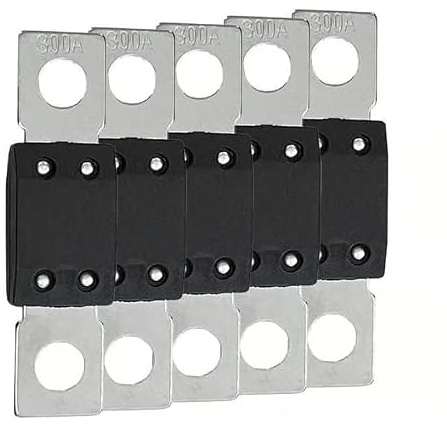 Offgridtec Set 5 fusibili MEGA 300 A 70 V per sistemi CC 48 V, fusibili a lama con terminali in rame, bassa resistenza di contatto, protezione scintille, montaggio a vite, RoHS e UL