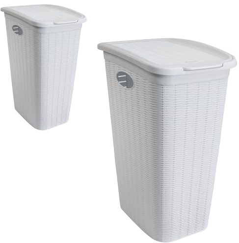 2x Wäschekorb 36L schmal Weiß Rattanoptik Deckel 39x29x54cm Korb Kunststoff