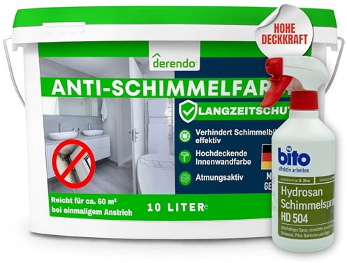 derendo Anti Schimmelfarbe 10L Schimmel entfernen + Schimmelentferner | Feuchtraumfarbe für Badezimmer, Küche & Schlafzimmer, Wandfarbe hohe Deckkraft & Langzeitschutz