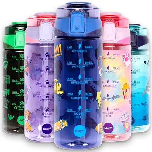 Fringoo 650ml Kids Water Bottle - Leakproof, Straw & Lock Lid - 6 Designs