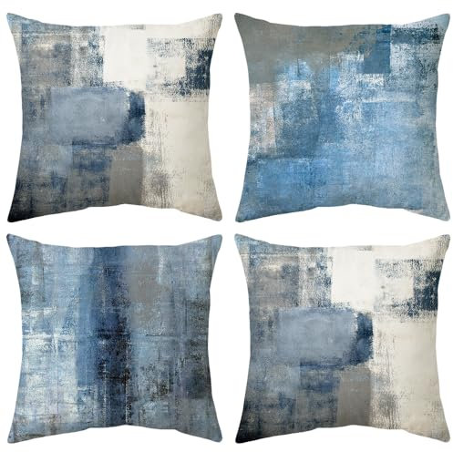 Hykiee Kissenbezüge 45x45 cm Blau 4er Set Kissenbezug Boho, Dekokissen Platz Weich Throw Pillow Cover, Abstrakte Kunst kissenhüllen für Wohnzimmer Sofa Couch Schlafzimmer Outdoor Garten Möbel Dekor