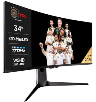 TCL 34R83Q 34 Zoll WQHD Mini-LED 1500R Curved Gaming Monitor 170Hz, 1ms Reaktionszeit, AMD FreeSync™ Premium, Auflösung 3440 x 1440, 21:9, 1600nits, Display HDR1400, Flickerfrei, 90W Type-C
