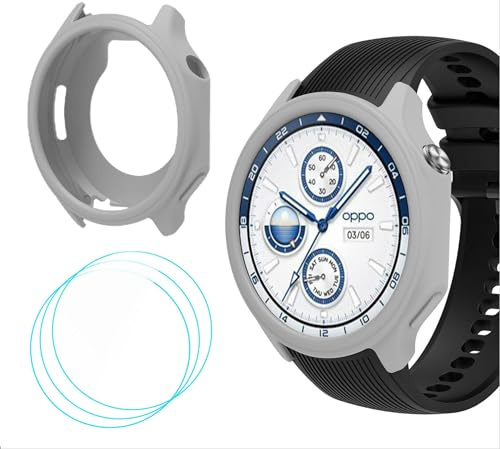 GIOPUEY Silikon Hülle Kompatibel mit OnePlus Watch 2/Oppo Watch X, mit 3 Stück Schutzfolie, Weich TPU Silikon Schutz Case Cover, OnePlus Watch 2/Oppo Watch X Schutzhülle - Grey