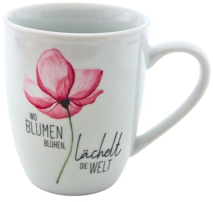 Kaffeebecher/Tasse aus Porzellan, Motiv: Blüte, Wo Blumen blühen, lächelt die Welt, Größe H/Ø: 10 x 8 cm, Fassungsvermögen 250 ml, Spülmaschinengeeignet.