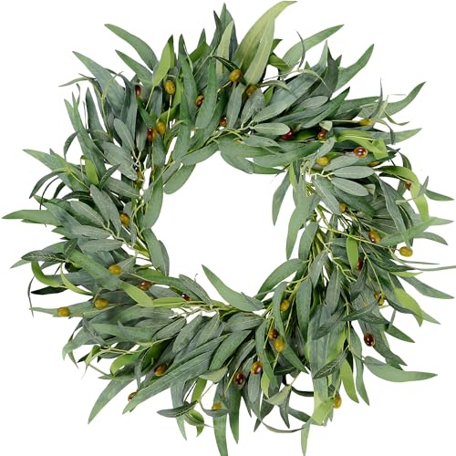 Sggvecsy Artificial Olive Wreath for Front Door 20 inch Greenery Wreath with Olive Leaves Olive Bean Green Leaves Wreath Spring Summer Wreath for All Seasons Wall Window Home Indoor Outdoor Decor
