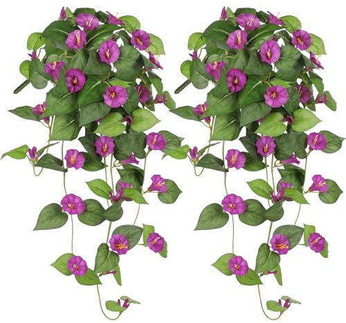 Briful 2-pack Artificial Morning Glory Silk Flowers Hanging Bush, 25.6 Tall Fuchsia Artificial Flowers Fake Hanging Plants for Kitchen Bathroom Shelf Wall Decorations