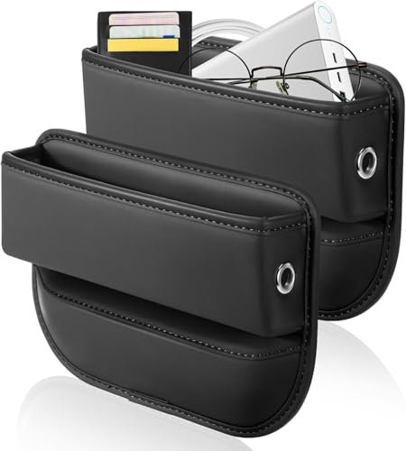 Einesin Organisateur Voiture, Stockage d'écart de Siège de Voiture, poche de console de siège avant en cuir PU pour ranger téléphones portables,clés,cartes (Noir, 2)