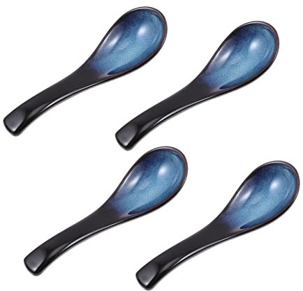 LABRIMP 4 Pcs Japanese Ceramic Soup Spoons Blue Curved Rice Dessert Spoons for Household and Restaurant Use