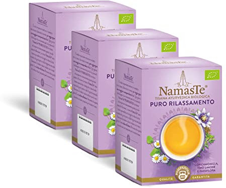 Pompadour NamasTe, Tisana Ayurvedica Biologica Puro Rilassamento con Camomilla, Passiflora e Timo Limone, 45 Filtri (3 Confezioni da 15 Filtri), Rilassante e Distensivo, Senza Lattosio, Glutine, Vegan