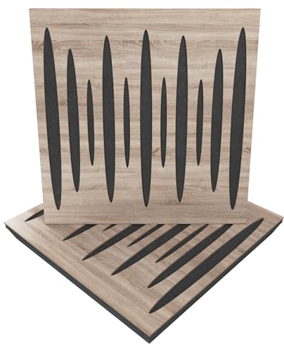 Ljudabsorberande och diffuserande akustikpanel, 50 x 50 x 5 cm, absorption, diffusion, reflektion, ljudisolering, isolering, trä, perforerad, laminerad: (2 x PULSAR, sonoma)