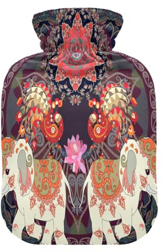 Hot Water Bottle with Cover, Elephant Mandala 2L Leakproof Hot Water Bag for Hand Feet Warmer, Neck, Shoulder, Back, Muscle Pain Relief, Cold Compress