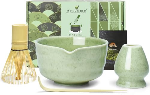 Artcome Juego completo de té matcha de 4 piezas, kit completo de ceremonia japonesa con cuenco, batidor, soporte para batidor, cuchara y guía, verde claro moteado