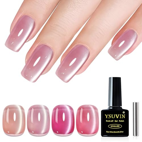 YSUVIN UV Nagellack Cat Eye UV Gel Nude Rosa Jelly Glas Cateye Magnet, 8ML