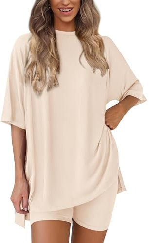 RKK Zweiteiliges Lounge-Set for Damen, Lässiger Sommerpullover, T-Shirts, Bikershorts, Passendes Reise-Pyjama-Set(Beige,L)