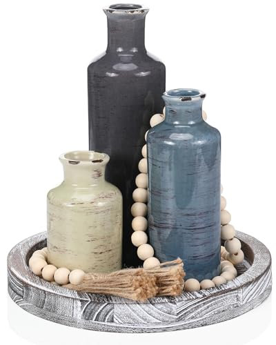 Tiangrid 5 Pcs Rustic Country Tabletop Centerpieces Decor Set of 3 Boho Ceramic Vases with Wooden Serving Tray Wood Bead Garland Tassels Table Holder for Home Decorations(Rustic Color)