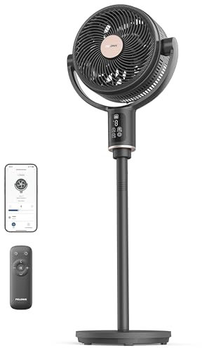 PELONIS Smart Pedestal Fan for Bedroom, Standing Fan, Dual Layed Blades (9+7 Blades), DC Motor, App/Alexa/Google, 150° + 135° Auto OminiFlow, 20dB, 9 Speeds, 26 ft/s, Remote, 9H Timer, Air Circulator