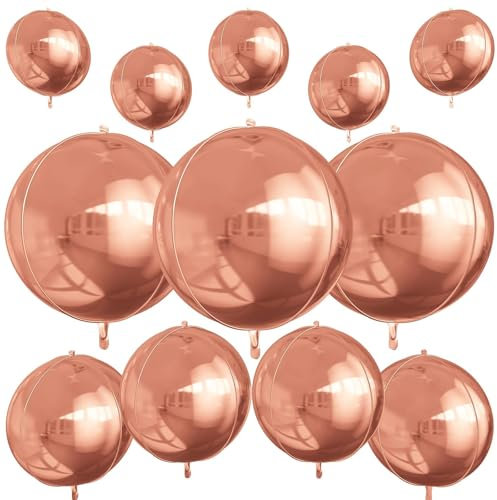 12Pcs Rose Gold Round Foil Balloons, 22 15 10 4D Helium Ball Balloon, Metallic Rose Foil Balloon for Birthday Graduation Wedding Anniversary Bachelorette Disco Prom Party Decorations