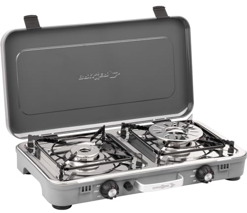 BRUNNER: Tisch Camping-Kocher 2-flammig Edelstahl Gasgrill & Gaskocher - KOOKMASTER 50mbar - mit Gasregler + Gaschlauch 1 Meter für Wohnwagen, Wohnmobil, Boot