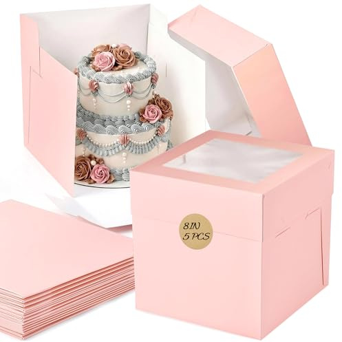 LYSHOOCE Boîte gâteau transport avec fenêtre 20 × 20 × 20 cm, Boîtes à gâteau carton pour gâteaux jusqu’à 8 inch de diamètre (Rose) (5)