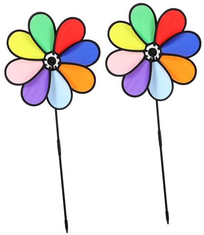 EPIGEIST Moulins à Vent Extérieur Colorés à Fleurs 30 Cm Lot De 2 pour Décoration Jardin Pelouse Girouettes Arc-en-Ciel en Tissu Multicolore