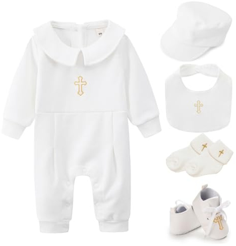 Joygoodta Baptême tenues pour garçons en coton Baptême Tenue de garçon avec chapeau, bavoir, chaussettes, chaussures à manches longues de costume blanc 80cm