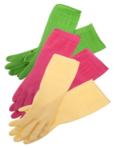Toyvian 3 Pairs Latex Kitchen Gloves Reusable Thickened Non-slip Dishwashing Mittens Extended Splashproof Design for Household Cleaning Laundry Pet Care and Car Wash