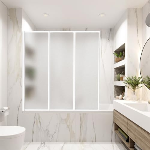 Vkechh Mampara de ducha para bañera de 120 × 140 cm, 3 piezas, plegable de plástico PS irrompible, mampara de ducha con marco de aluminio blanco, accesorio de bañera, protección contra salpicaduras