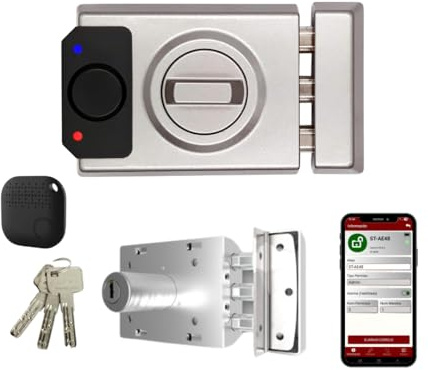 Lince SMARt7930 Cerradura inteligente para puerta – Cerrajo con alarma de 100 dB, control por aplicación, control remoto y llave reversible de alta seguridad – Recargable por USB-C – Color Plata | Aplicación móvil, control remoto, apertura mecánica con llave y electrónica, USB-C.