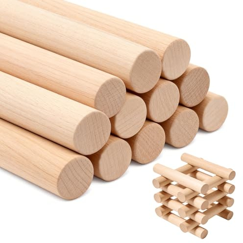 12 varillas de madera redondas naturales, 30 cm x 20 mm, de haya, lisas, para manualidades, modelisos, manualidades