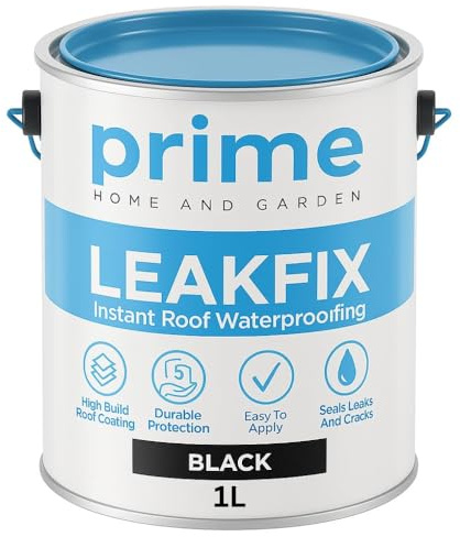 Prime Black LeakFix Liquid Rubber Coating 1L – Instant Waterproof Roof Sealant for Leaks, Cracks, Roof Repairs, Gutters, Drainpipes, Concrete, Brick & Metal Surfaces - One Coat Seal & Waterproofer