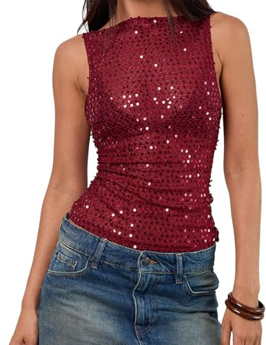 Felcia Damen Y2k Sparkly Sheer Crop Top Sexy Ärmellos Slim Fit Tank Tops Stilvolle Party Disco Pailletten Shirts Clubwear