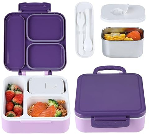 MEEYUU Bento Lunch Box with 330ML Soup Thermo, Kids Leakproof Lunch Food Containers with 3 Compartment, Kids Thermo Insulated Hot Food Jar for School, Trvael (Purple)