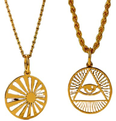 Sonnenstrahlen-Symbol & Dreieck-Anhänger mit dem Symbol des Allsehenden Auges, 2er-Pack, vergoldetes 925er Sterlingsilber, 28 mm rundes Medaillon, spiritueller Symbolschmuck für Damen und Herren