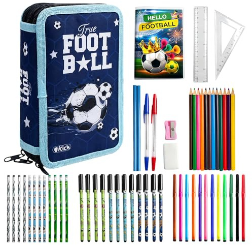 SGZIOO 58PCS Federmäppchen Jungen Fußball, 3-Fach Federmappe Jungen Groß, Mäppchen Jungs mit Watercolor Stifte, Bleistiften, Lineal, Radiergummi, Federtasche für Teenager,Kinder,Junge,Mädchen