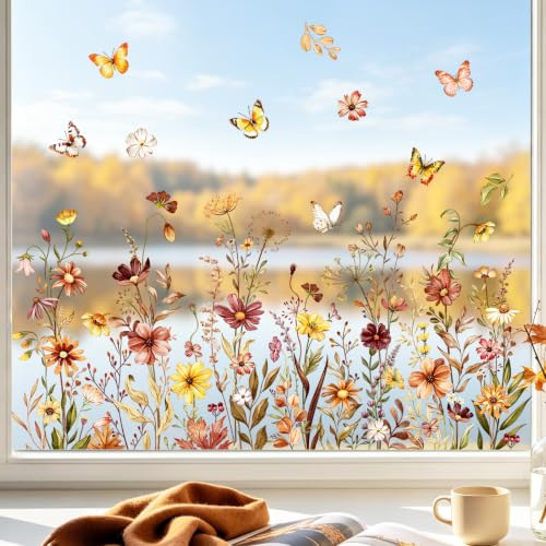 Supzone Pegatinas de Ventana Boho Otoño Flore Hierba Vinilos para Cristales | Vintage Jardín Mariposa Anticolisión Pájaro Vinilo Doble Cara No Adhesivo de Pegatina para Vidrio Ventana Espejo Decoración