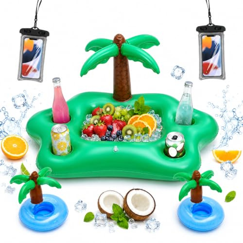 MINGBOLIN Bar Flotante para Piscina 5 Piezas Palmera y Portavasos | Bar flotante con palmera de 90 cm 2 portavasos y 2 fundas impermeables para móvil de PVC para piscina playa y fiestas
